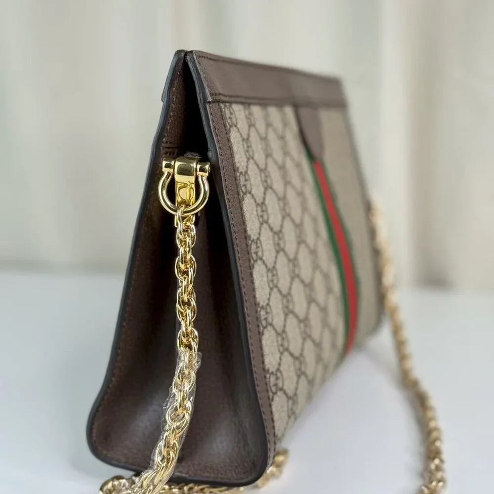 Gucci GG Logo Supreme Large Ophidia Shoulder Bag with Red & Green Stripes
